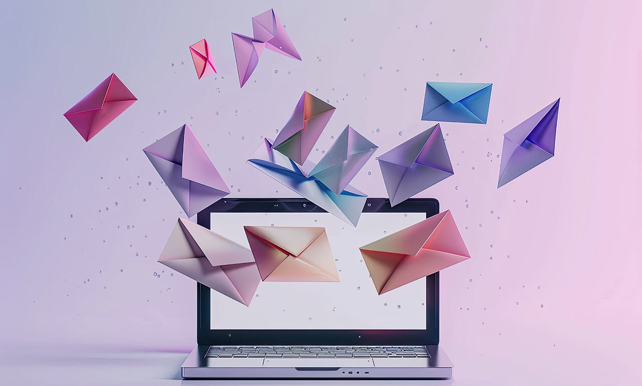 Aufgeklappter Laptop, auf den Brieumschläge zufliegen